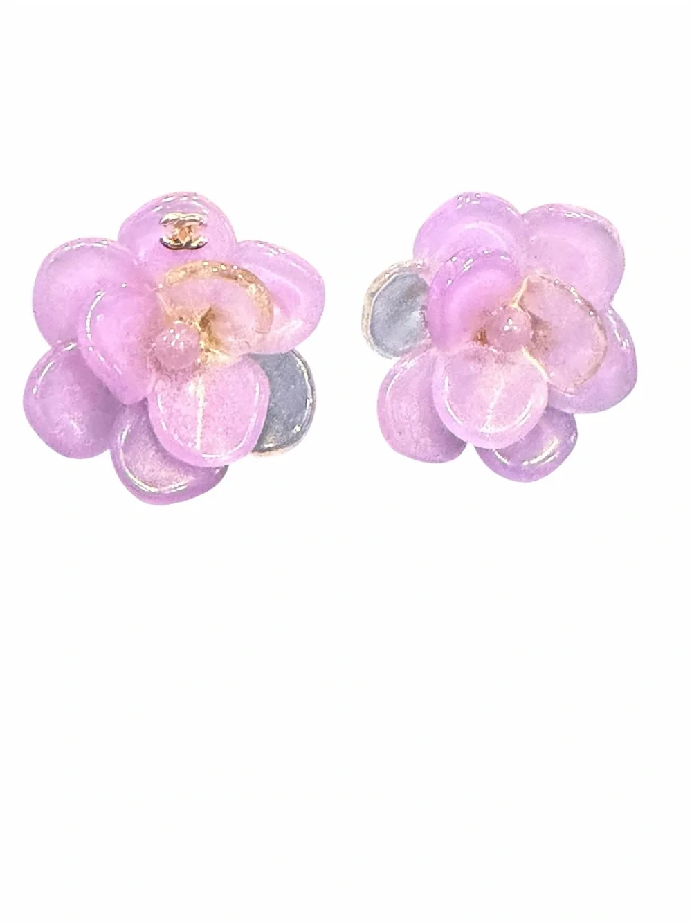 CHANEL Lavender Camellia Resin Clip-On Earrings with Gold CC Accent